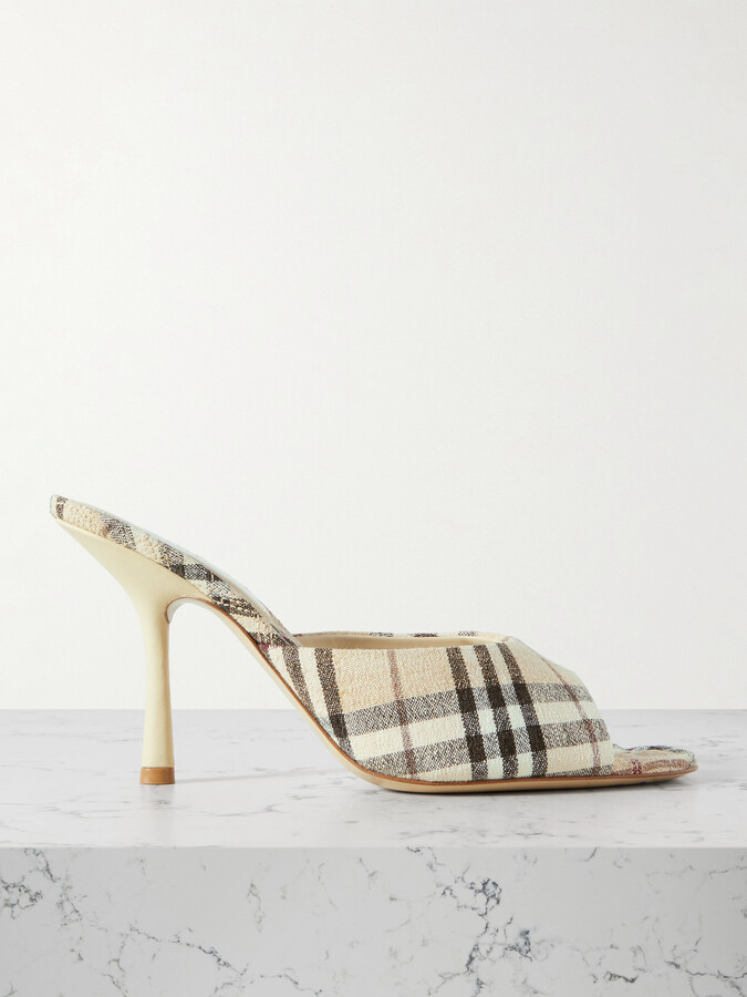 Burberry Checked Linen Mules - Cream