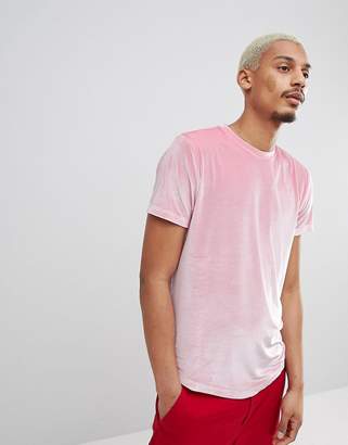ASOS Design DESIGN longline t-shirt with curved hem in pink velour