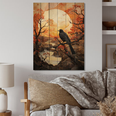 Red Barrel Studio Bird Tree Silhouette Moon On Wood Print