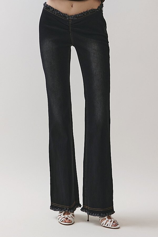 Personal Code Zylah Frayed Ruch Flared Pants in Black Denim
