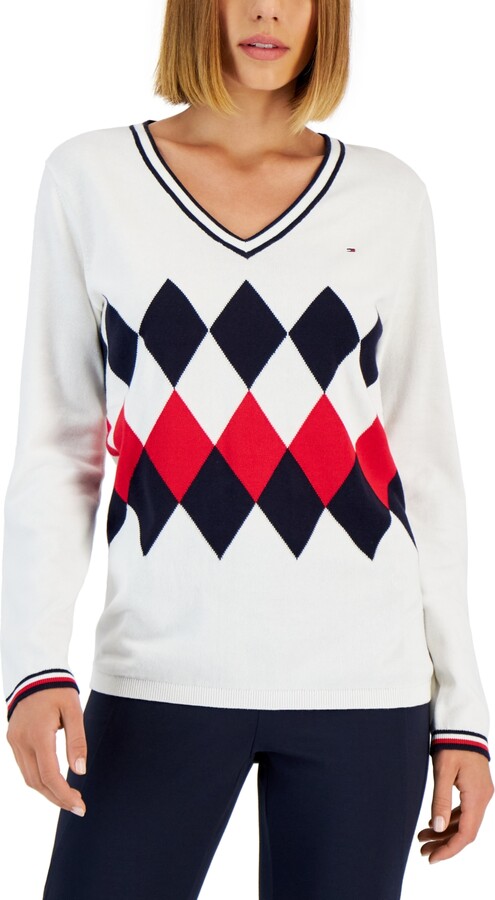 Tommy Hilfiger Women's White V-Neck Sweaters | ShopStyle