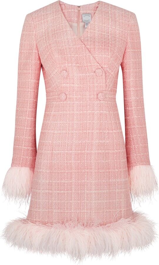 Huishan Zhang Vita Pink Feather-trimmed Tweed Dress - ShopStyle