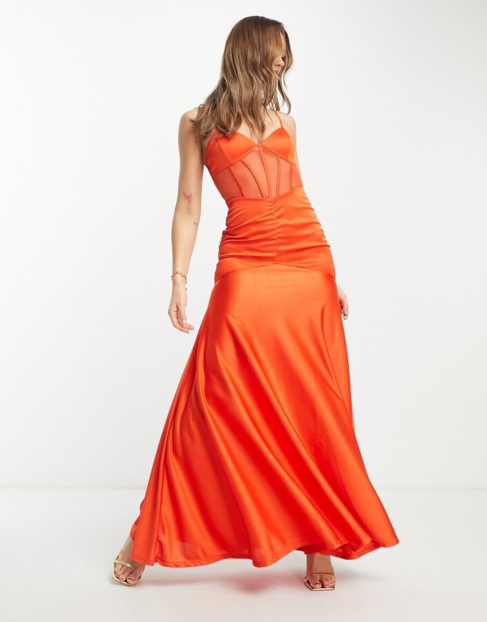 ASOS DESIGN cami corset ruched maxi dress in red satin - ShopStyle