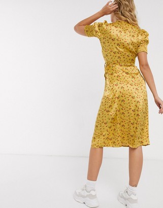 Influence wrap front satin midi dress in mustard floral print