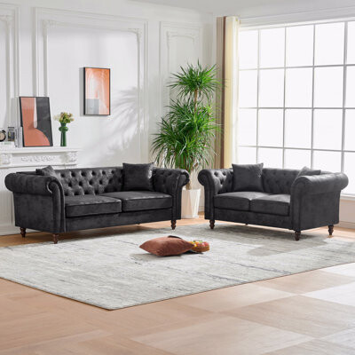 Latitude Run 3+2 Seater Sofa Set Chesterfield ?Tech Fabric SofaHigh-Tech Fabric Roll Armrest SofaUpholstered Mid Century Modern Style Couch3 Seat+2 Seat Combo C
