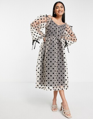 Lost Ink midi dress in spot organza overlay with off shoulder detail