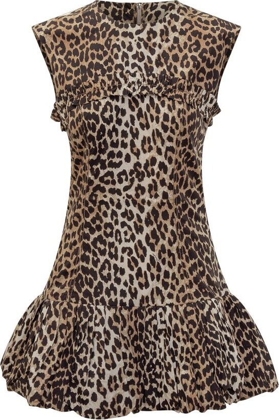 Ganni Leopard Printed Peplum Hem Mini Dress