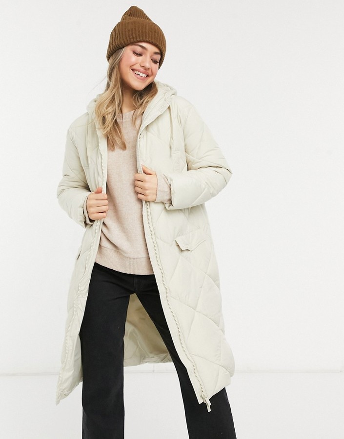 New Look longline quilted puffer coat in cream - ShopStyle