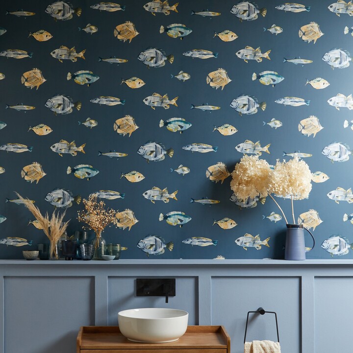 Dunelm Watercolour Fish Wallpaper Navy Blue/Yellow/Green ShopStyle Decor