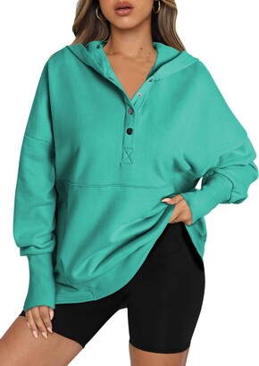 Aleumdr Women's V-Collar Bat Sleeve Henley Plain Loose Fit Hoodies Jumpers  Ladies Hoodies with Pocket Green XX-Large (UK Size 22-24) - ShopStyle