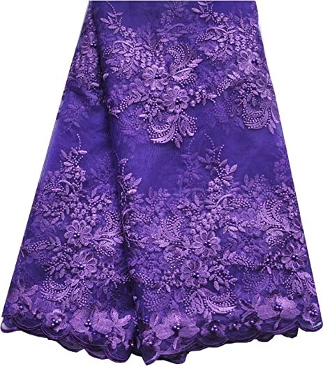 SanVera17 African Lace Net Fabrics Nigerian French Fabric Embroidered and Manual Beading Guipure Cord Lace for Party Wedding 5 Yards (Purple)