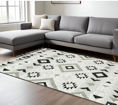 Ivy Bronx 9' X 12' Gray Wool Tribal Flatweave Handmade Area Rug With Fringe