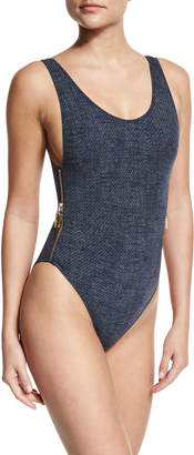 OYE Swimwear Zissou Zipper-Side One-Piece Swimsuit, Denim