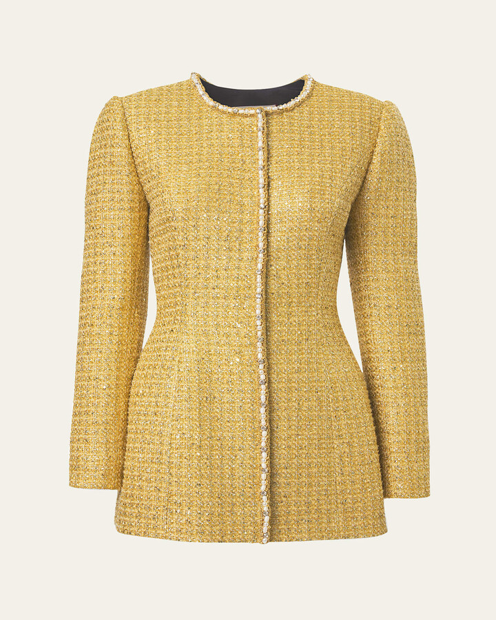 Carolina Herrera Embellished Collarless Longline Top Coat