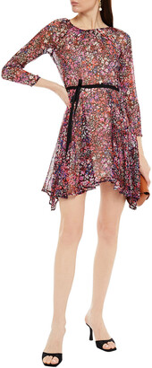 Maje Asymmetric Belted Floral-print Silk-crepon Mini Dress