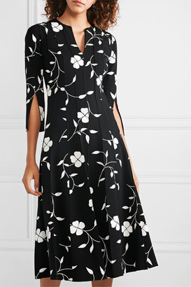 Oscar de la Renta Pleated Floral-print Wool-blend Crepe Midi Dress - Black