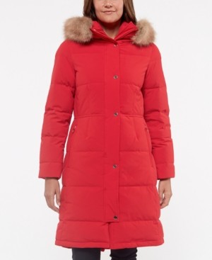 red faux fur trim hooded puffer jacket