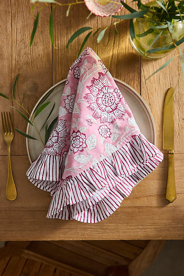 terrain Ruffle Block Print Cotton Napkins, Set of 4