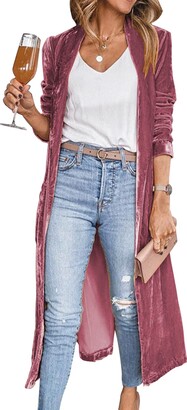 Yimoon Women's Long Velvet Cardigan Jacket Open Front Lapel Collar  Outerwear Velour Duster Coat with Pockets(RoseRed-L) - ShopStyle