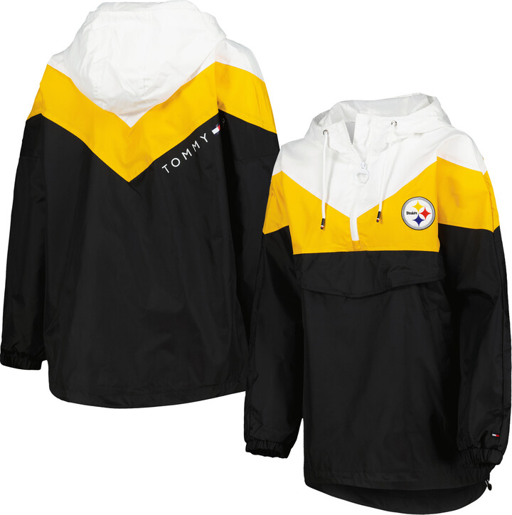 Tommy Hilfiger Women's White/Gold Pittsburgh Steelers Staci Half-Zip Hoodie Windbreaker Jacket