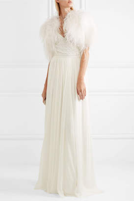 Temperley London Feather-embellished Silk-satin Cape - White