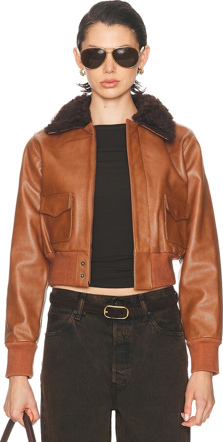 R13 Cropped Shrunken Zip Up Bomber Jacket in Brown