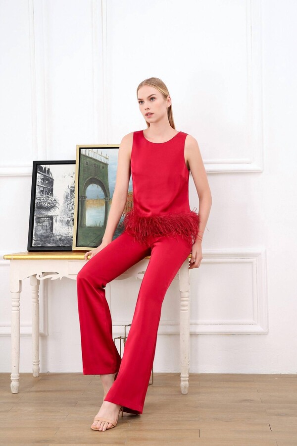 Julie Brown Bello Feather Hem Crop Top In Rosie Red