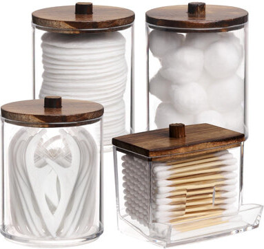 Latitude Run 4 Pack Cotton Swab Holder Bathroom Container, 10/7Oz Cotton Ball/Swabs Dispenser, Apothecary Jar With Bamboo Lids For Organizer And Storage, Brown