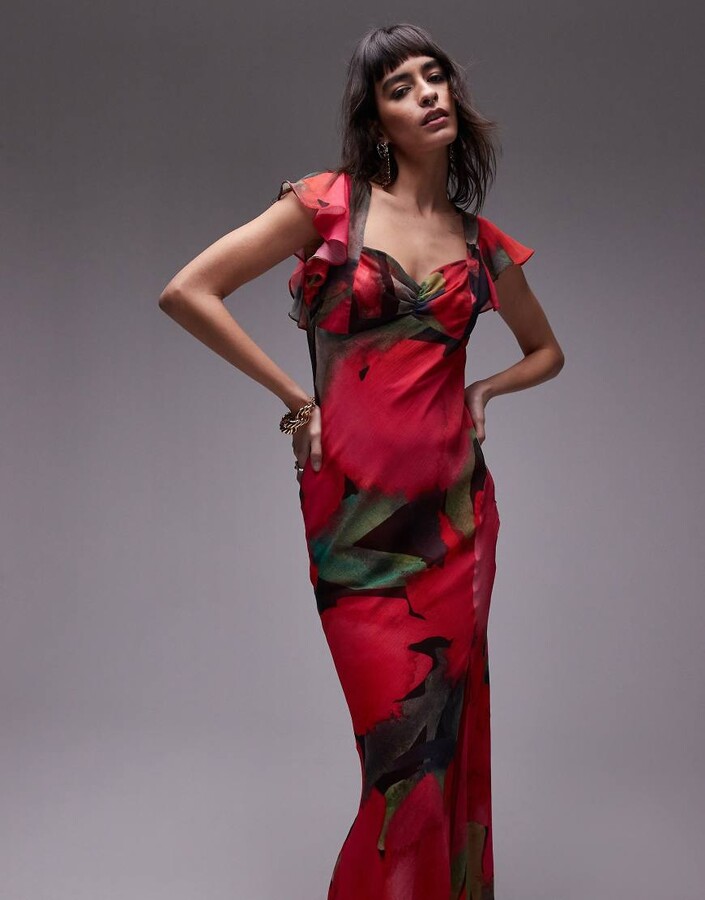 flutter sleeve maxi topshop long red dress