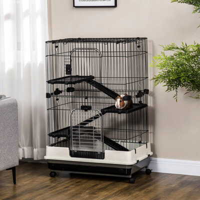 4-level Small Animal Cage With Removable Parts - For Chinchillas, Rabbits, Ferrets Black Shelter Rolling Wheel Arrangement, Black. Suitable For Rabbit
