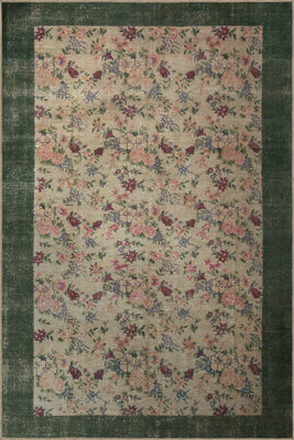 Red Barrel Studio Green-Beige Themed Floral Rose Patterned Creative Modern Decorative Rug