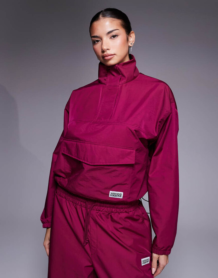 ASOS Weekend Collective Weekend Collective nylon funnel neck windbreaker in burgundy - part of a set