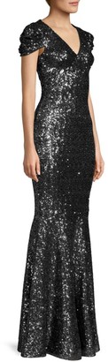 Michael Kors Gathered Cap-Sleeve Sequin Gown