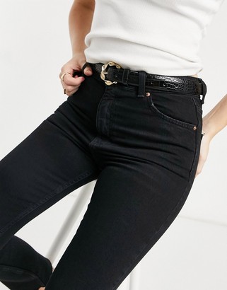 Pieces patent croc skinny belt with twist gold buckle in black