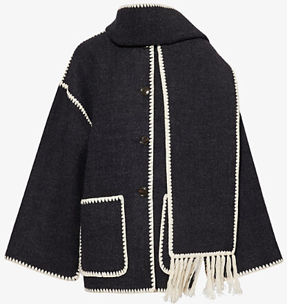 Totême Womens Dark Grey Melange Embroidered-Trim Scarf Wool-Blend Jacket 14