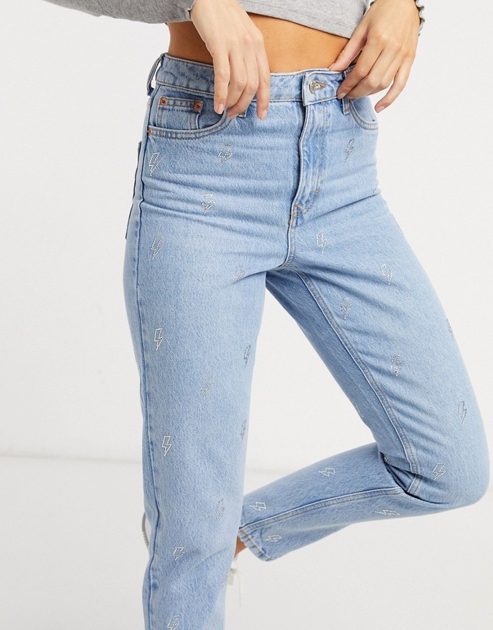Topshop lightning detail Mom jeans in bleach stone wash - ShopStyle