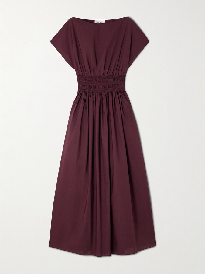 Matteau Shirred Organic Cotton-poplin Midi Dress - Burgundy