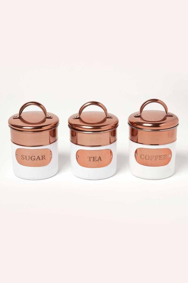 Homescapes Set of 3 Rose Gold Tea Coffee Sugar Canister Tins ShopStyle Food Storage Containers