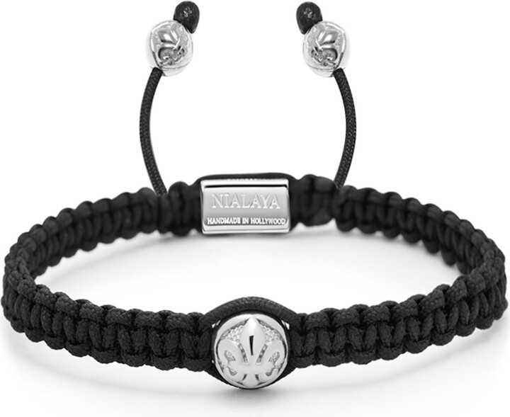 Nialaya Black / Silver Mens Black String Bracelet With Silver Logo Bead