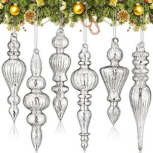 Soaoo 6 Pcs 6.3 inch Mercury Glass Finial Christmas Ornaments Hanging Christmas Finials Glass Ornaments Assorted Mercury Glass Decor for Christmas Tree Vintage Holiday Decoration(Silver)