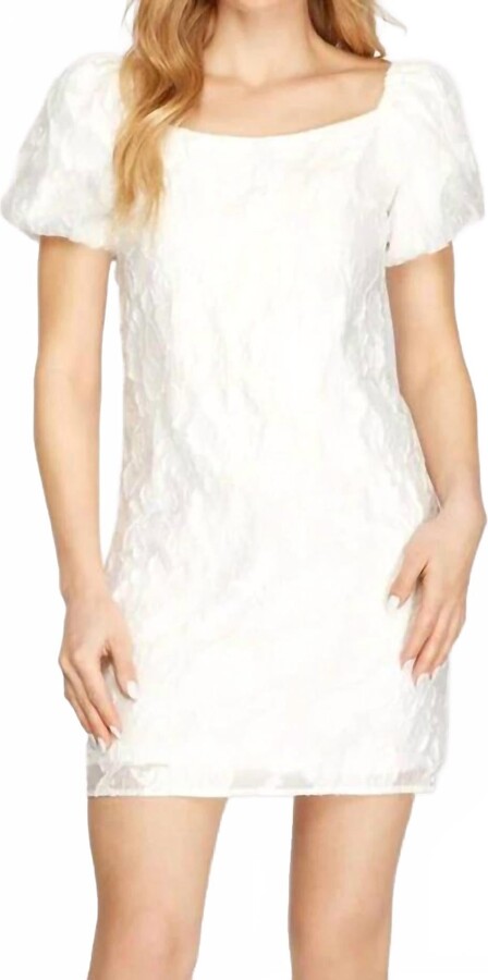 SHE + SKY Short Puff Sleeve Woven Jacquard Dress In Off White