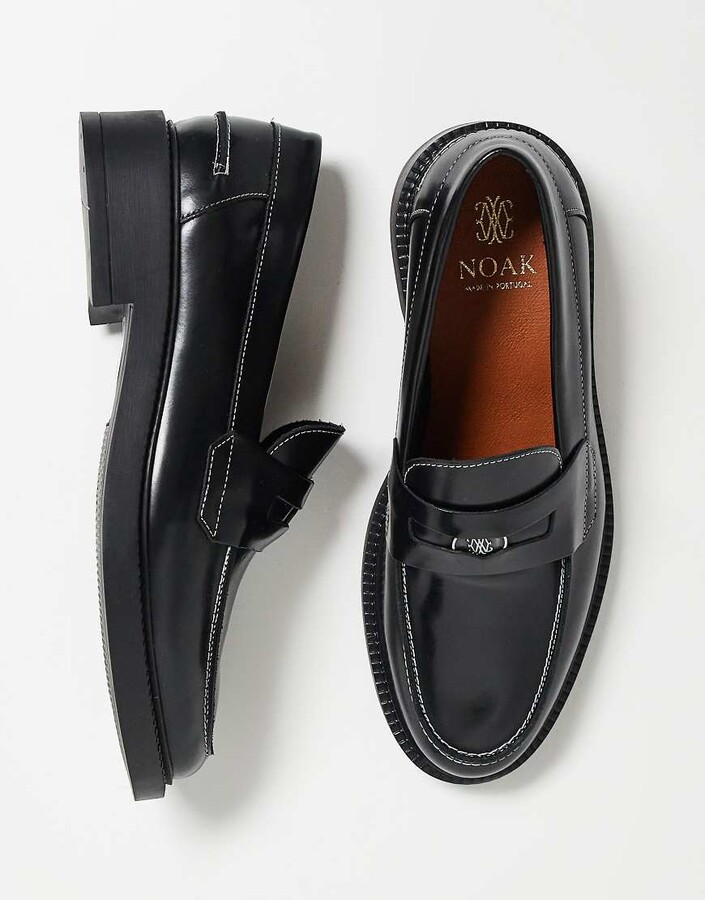 Noak made in Portugal penny loafers in black leather with contrast stitch and gold hardware