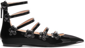 Fendi Embellished Floral-appliquéd Patent-leather Point-toe Flats - Black