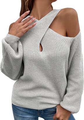 Lijcc Women Casual Solid Crochet Sweater Cross Strap Neck Pullover Loose  Long Sleeve Cold Shoulder Top Womens Bulky Pullover Sweaters (Beige M) -  ShopStyle Knitwear