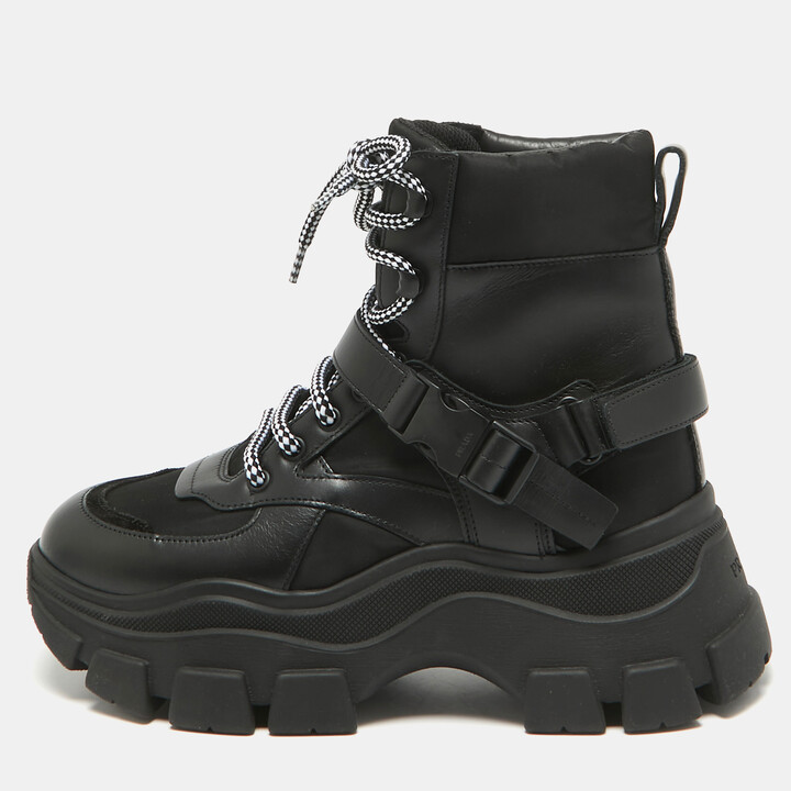 Prada Black Leather and Nylon Combat Boots Size 38.5