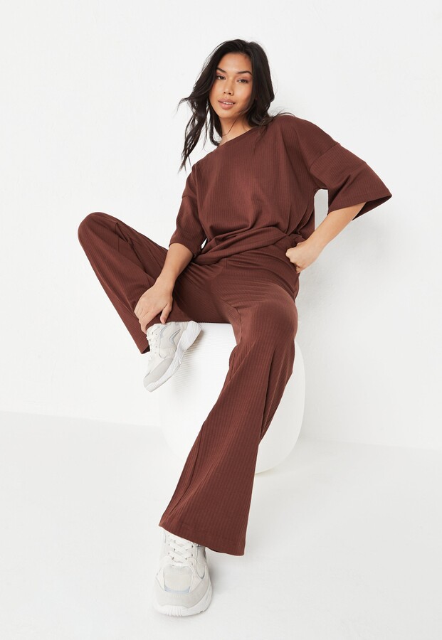 Missguided Tall Chocolate Rib T Shirt And Wide Leg Trousers Co Ord