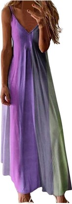 Buyao Women's Plus Size Tie Dye Spaghetti Strap Maxi Dress Bohemian V Neck Sleeveless Beach Dresses Purple