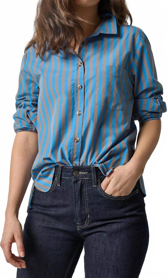 Lilla P Striped Button Down Shirt In Cocoa/lapis