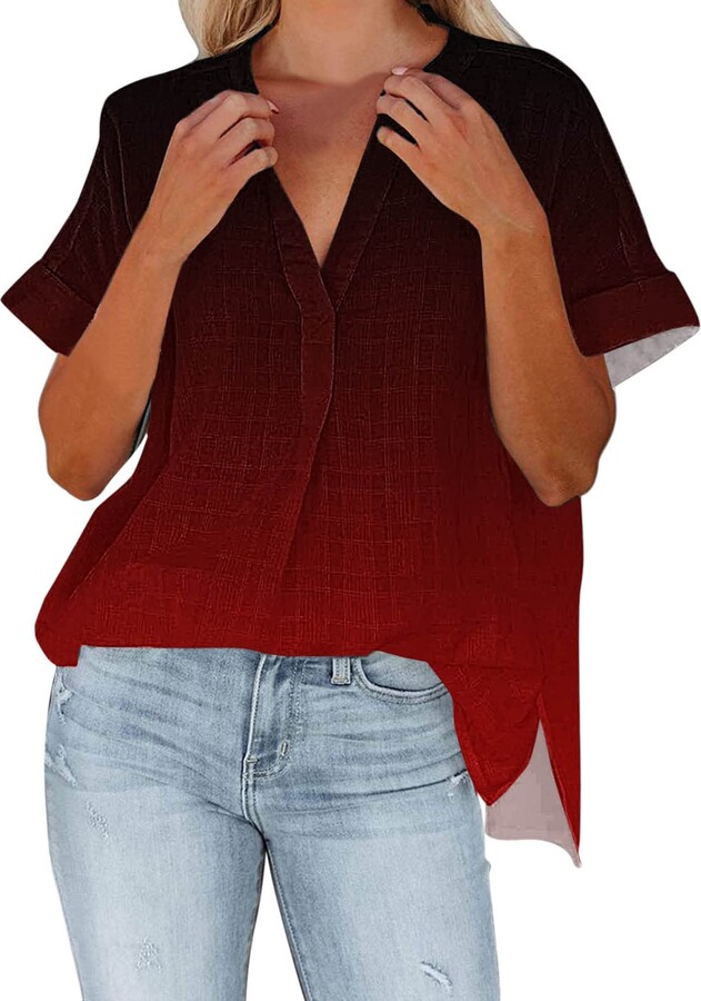 Women Summer Floral Tops Blouse Shirt Mingfa Fashion Casual Short Sleeve V Neck Pleated Tunic T-Shirt 