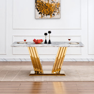Mercer41 Modern 70'' Rectangle Faux Marble Table With Mirrored Finish Stainless Steel Base Grey And Gold Suitable For Home Decor 70\